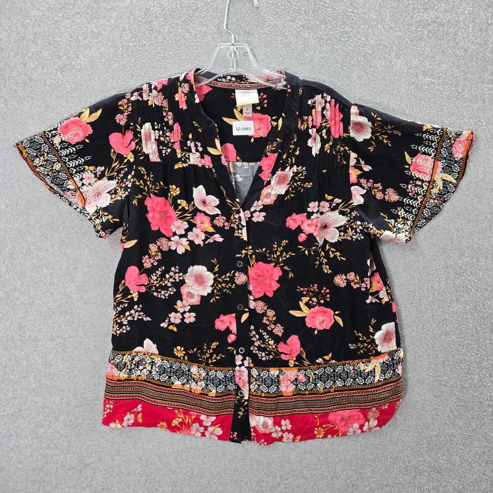 Knox Rose Women Top Medium Black Floral Tunic Boho Pleated Short‎ Sleeve
